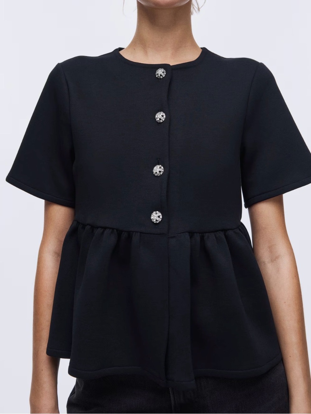 NWT H&M Black Rhinestone Button Peplum Top Size M